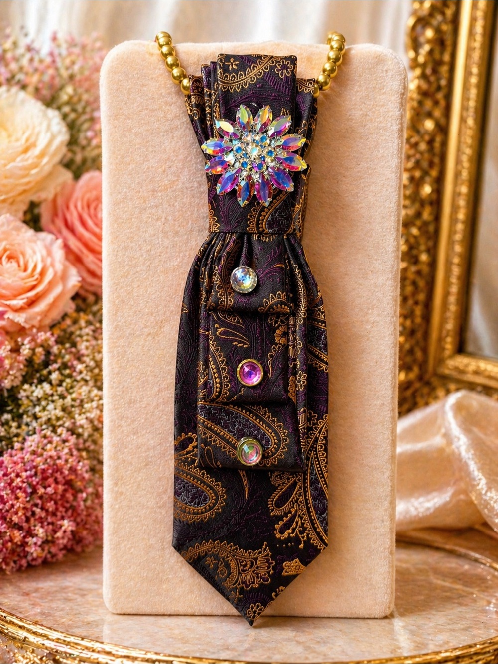 Purple Paisley Necktie Necklace with Gold Accents and Irridesent Jewel Brooch